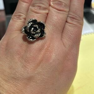 Black silver and rhinestone statement ring in size 7